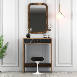 Hanah Home Lizbon Mesa de Maquillaje con Espejo - Nogal, Negro, Mármol
